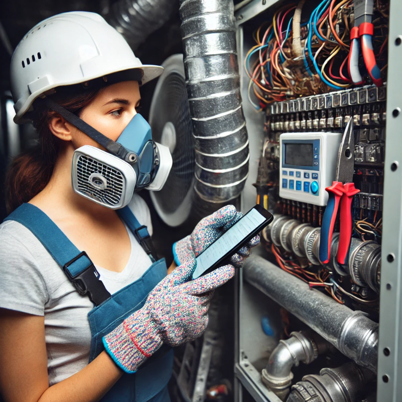 A female HVAC technician working with advanced tools on a commercial HVAC system